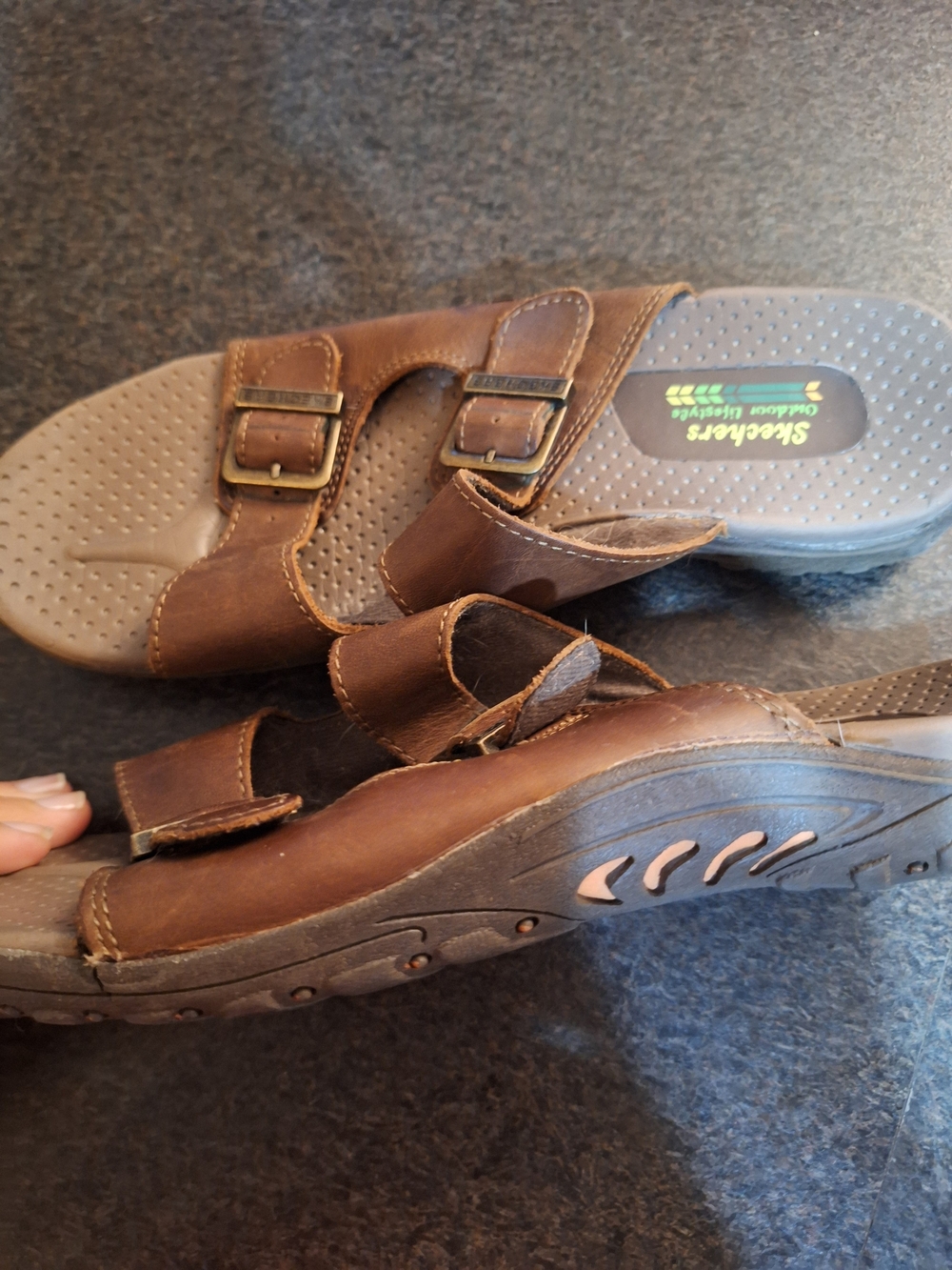 Skechers Women’s Brown Leather Dual-Buckle Slide Sandals